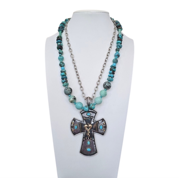 Turquoise Bead Necklace Silvertone Metal Cross Necklace 2 Piece Bundle - Picture 1 of 9